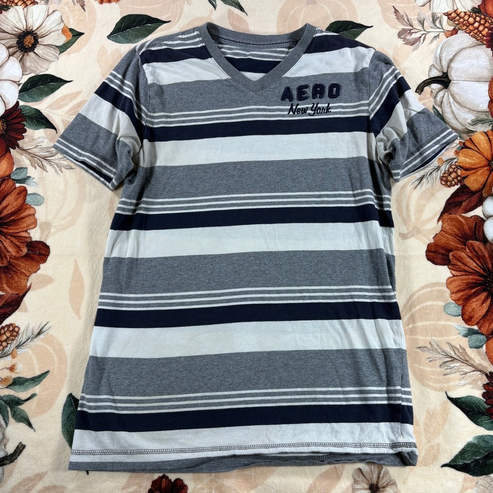 Y2K Aeropostale Mens Aero New York V-Neck Striped Tee Cotton Gray Navy Small